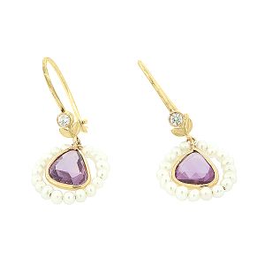 Κρεμαστά χρυσά σκουλαρίκια 18 καράτια  με φυσικά μαργαριτάρια διαμάντια και ροζ ζαφείρια. SK11037