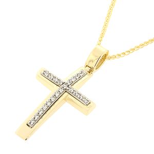 Χρυσός σταυρός με ζιργκόν και αλυσίδα 14 καράτια. CRS11948