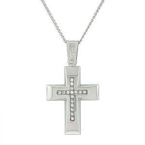 Λευκόχρυσος γυναικείος σταυρός με ζιργκόν και αλυσίδα σε 9 καράτια. CRA12601