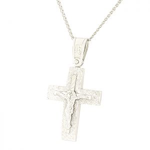 Λευκόχρυσος ανδρικός σταυρός με τον εσταυρωμένο και αλυσίδα 9 καρατίων. CRA12708