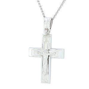 Ανδρικός λευκόχρυσος σταυρός με εσταυρωμένο και αλυσίδα 14 καράτια. CRA13085