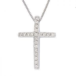 Λευκόχρυσος μπριγιαντένιος σταυρός με διαμάντια 0.15ct και αλυσίδα σε 18 καράτια. CR18586