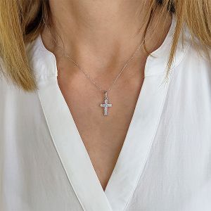 Κομψός γυναικείος σταυρός λευκόχρυσος με ζιργκόν σε 14 καράτια. CRS14184