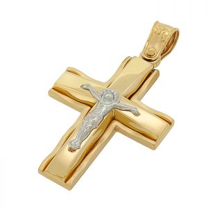 Χρυσός σταυρός με Εσταυρωμένο διπλής όψης σε 14 καράτια. CRA14285