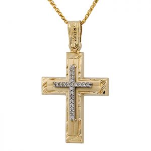 Γυναικείος σταυρός χρυσός με ζιργκόν σκαλιστός σε 14 καράτια.CRS16020