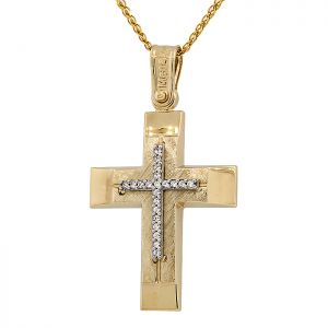 Γυναικείος σταυρός χρυσός με ζιργκόν χαρακτός σε 14 καράτια.CRS16023