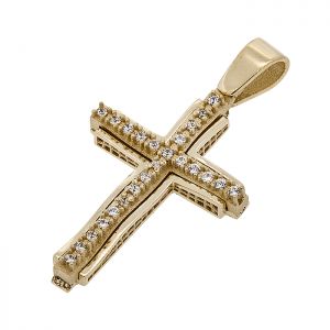Γυναικείος σταυρός χρυσός ανάγλυφος με ζιργκόν σε 14 καράτια.CRS16038