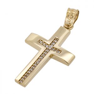 Γυναικείος σταυρός χρυσός με ζιργκόν δυο οψεων σε 14 καράτια.CRS16039