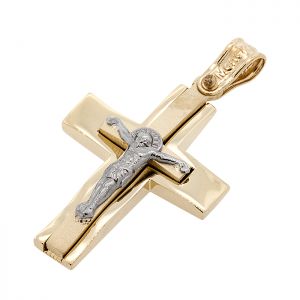Χρυσός σταυρός ανδρικός 2 οψεων με τον Εσταυρωμένο σε 14 καράτια.CRA16049