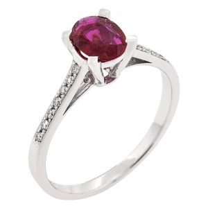 Λευκόχρυσο δαχτυλίδι ροζέτα σε 18 καράτια με ρουμπίνι 0.60ct και διαμάντια. RL16282