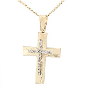 Γυναικείος σταυρός χρυσός με ζιργκόν σετ με αλυσίδα σε 14 καράτια. CRS16409