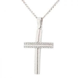 Γυναικείος σταυρός λευκόχρυσος με ζιργκόν σετ με αλυσίδα σε 14 καράτια. CRS18051