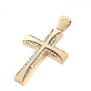 Γυναικείος σταυρός χρυσός διπλής όψης με ζιργκόν σε 14 καράτια. CRS18597