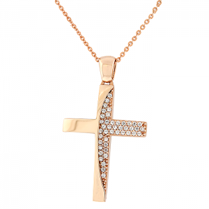 Χρυσός roz σταυρός γυναικείος 2 όψεων σετ με αλυσίδα σε 14 καράτια. CRK18603