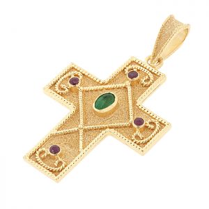 Χειροποίητος χρυσός σταυρός με σμαράγδι και ρουμπίνια σε 14 καράτια. CR18710