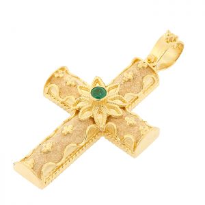 Χειροποίητος χρυσός βυζαντινός σταυρός με σμαράγδι σε 18 καράτια. CR18715