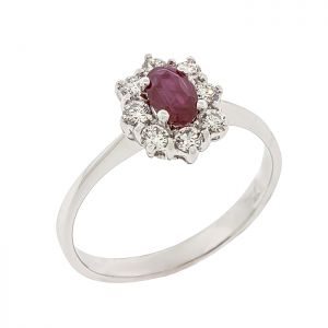 Λευκόχρυσο δαχτυλίδι ροζέτα σε 18 καράτια με ρουμπίνι 0.50ct και διαμάντια. RL19292