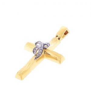 Κομψός χρυσός χειροποίητος σταυρός με διαμαντένιο φιογκάκι σε 18 καράτια. CRK4419
