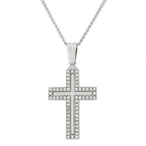 Γυναικείος σταυρός με ζιργκόν λευκόχρυσος και αλυσίδα 14 καράτια . CRS06548