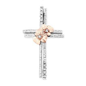 Λευκόχρυσος χειροποίητος σταυρός με άνθη σε ροζ χρυσο σε 18 καράτια με διαμάντια. CRK8254