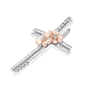 Λευκόχρυσος χειροποίητος σταυρός με άνθη σε ροζ χρυσο σε 18 καράτια με διαμάντια. CRK8254