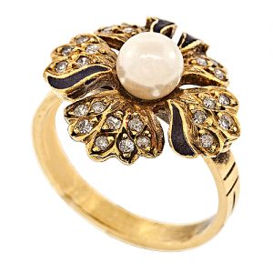 Χρυσό δαχτυλίδι αντικέ άνθος με μαργαριτάρι και διαμάντια. ANT3784