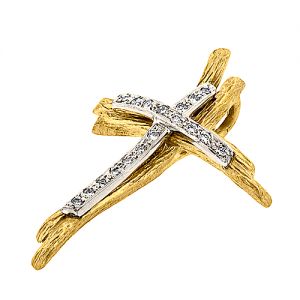 Μοντέρνος χειροποίητος γυναικείος σταυρός σε κίτρινο και λευκό χρυσό σε 18 καράτια με διαμάντια. CRK806